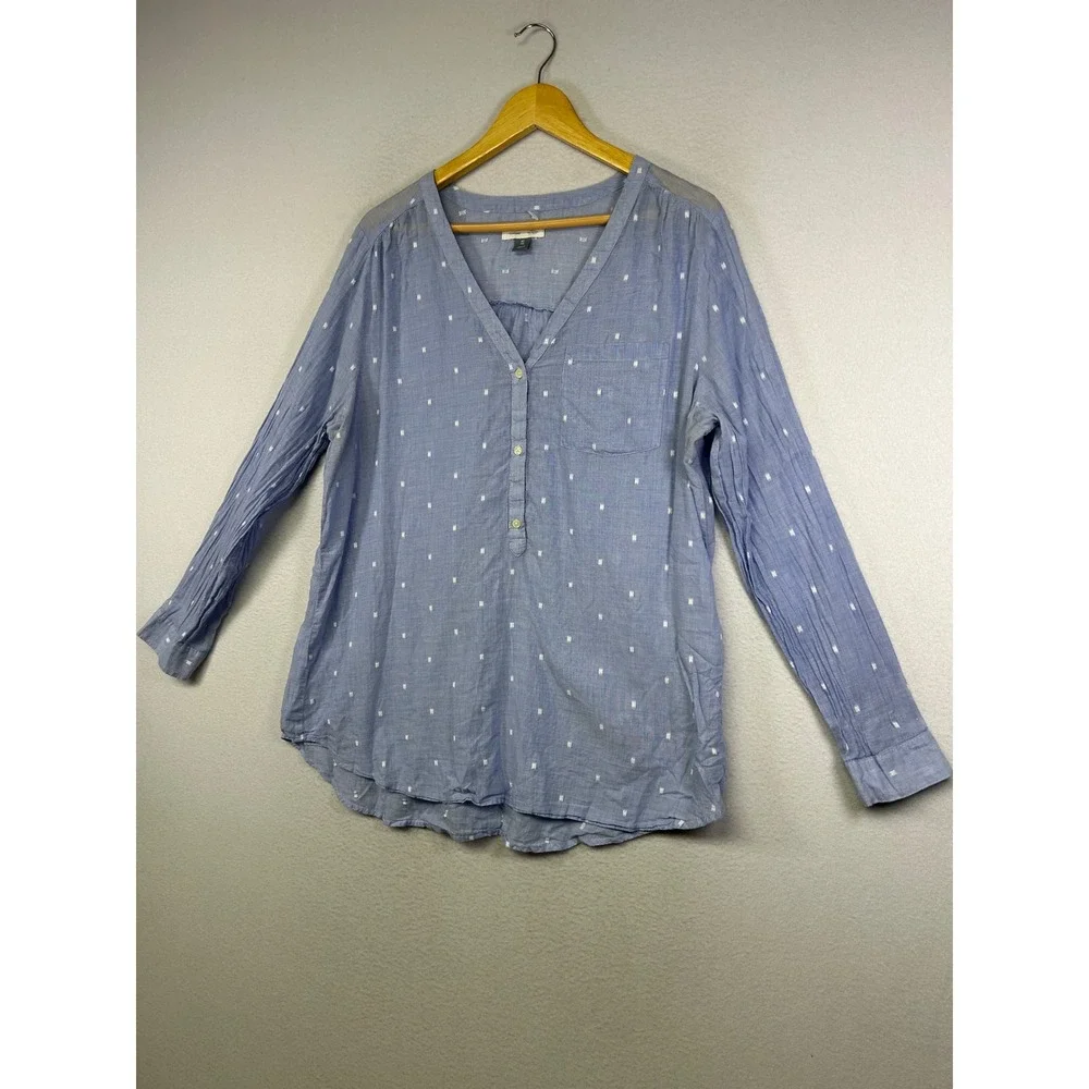 Boho Coastal Old Navy Womens XL Blue Clip Dot Henley V-Neck Cotton Tunic‎ Top